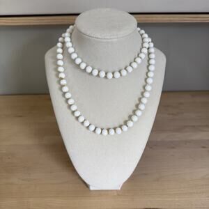 Vintage Monet White Bead Necklace 31” Long Layering or Wrap Style Gold Clasp
